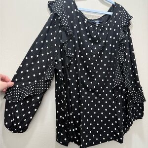Chaps Black and White Ruffled 3/4 Sleeve Blouse
